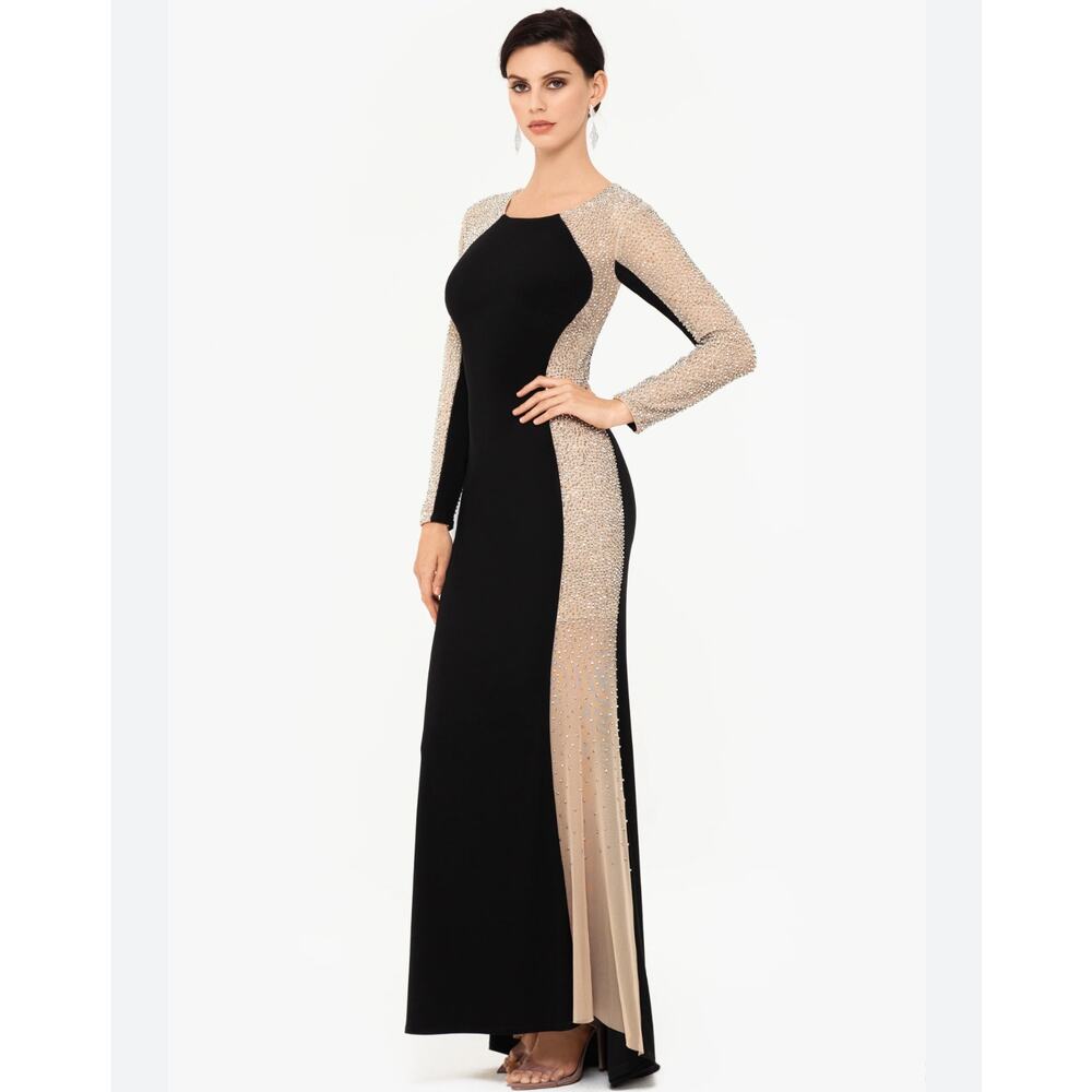 Avery G Embellished Beaded Illusion Gown Dress Long Sleeve Black Prom Event 12